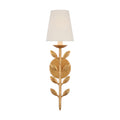 A front view of the Clérachic Evoque sconce in warm antique gold leaf beneath its tapered white shade.