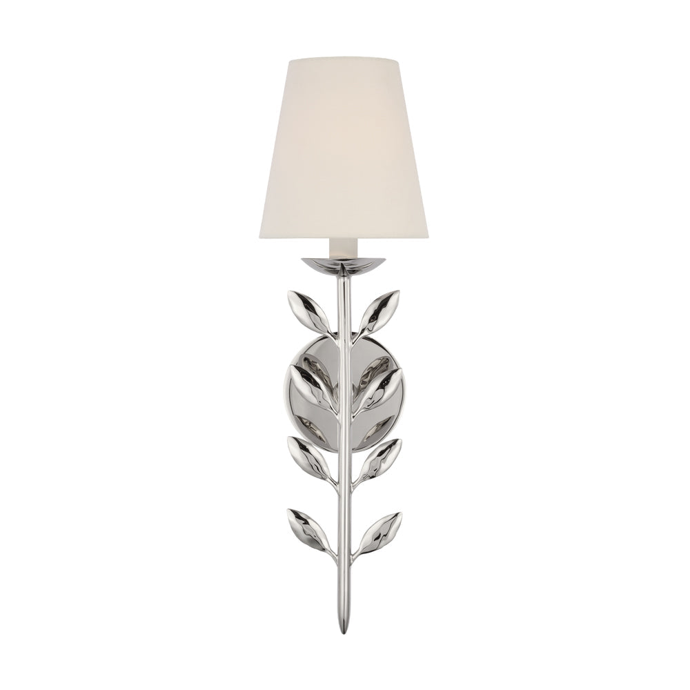 Clérachic's Evoque sconce in polished nickel, the mirror-bright leaf stem paired with a white shade.