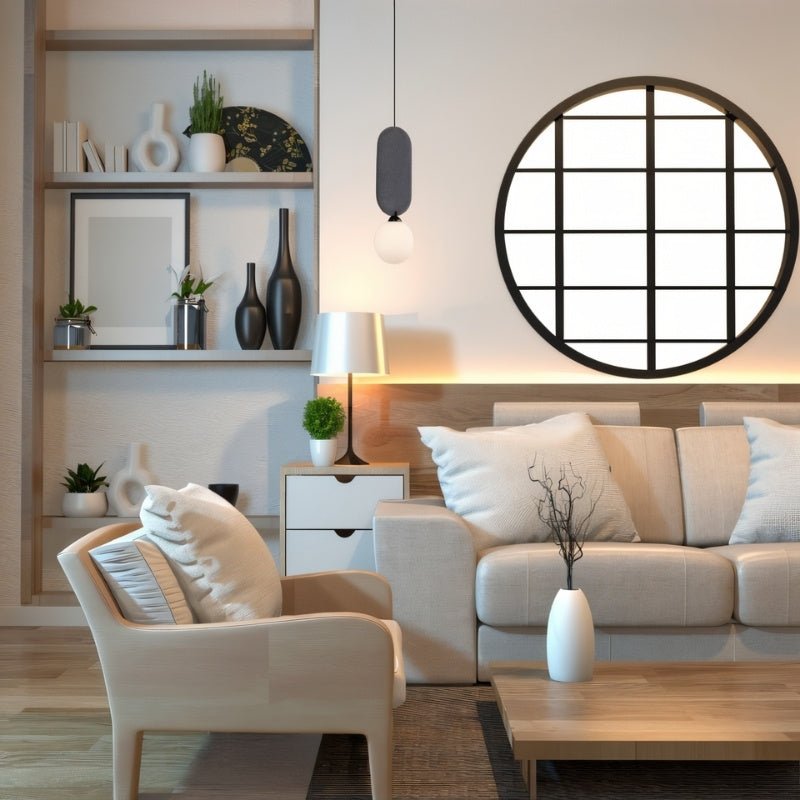 Clérachic grey-panel pendant with a white glass globe, hung in a calm living room beside a round black-framed window.