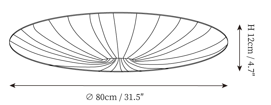 Clérachic ceiling light dimension drawing, every measurement marked in centimetres and inches.
