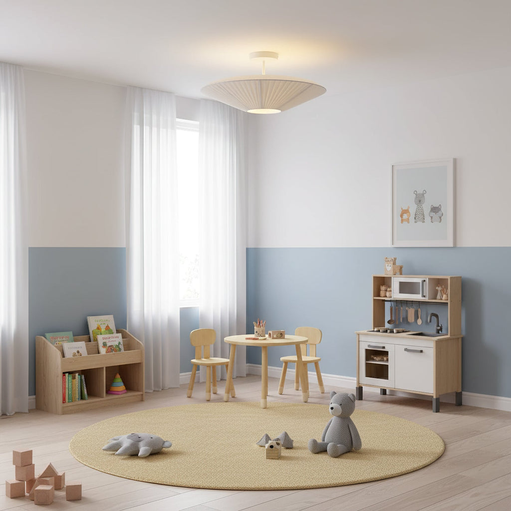 A Clérachic pleated ceiling light above a playroom with a round yellow rug, a small table, a toy kitchen and a teddy bear.