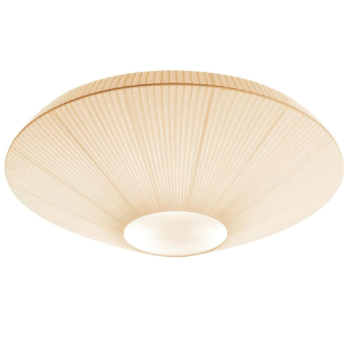 Angled view of an ivory Clérachic pleated ceiling light with a round opal diffuser, on a white background.