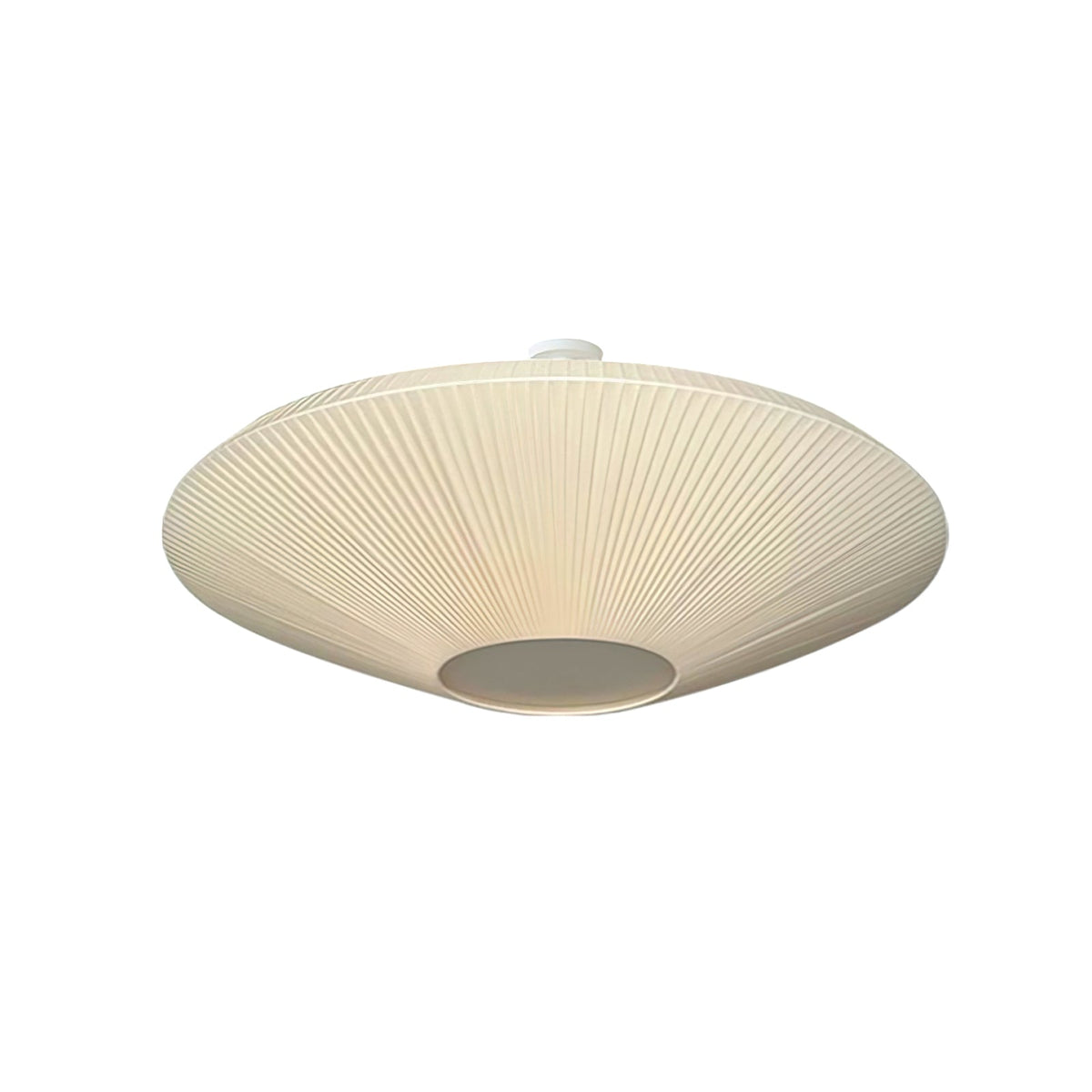 Lit ivory Clérachic pleated ceiling light with a pale central panel and fine, close pleats, on a white background.