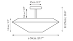 Clérachic ceiling light dimension drawing, 1 of 3, every measurement marked in centimetres and inches.