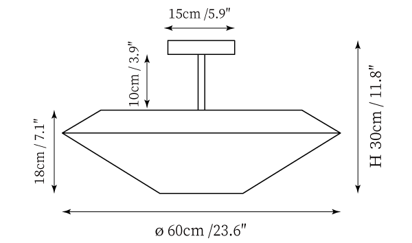 Clérachic ceiling light dimension drawing, 2 of 3, every measurement marked in centimetres and inches.