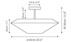 Clérachic ceiling light dimension drawing, 2 of 3, every measurement marked in centimetres and inches.