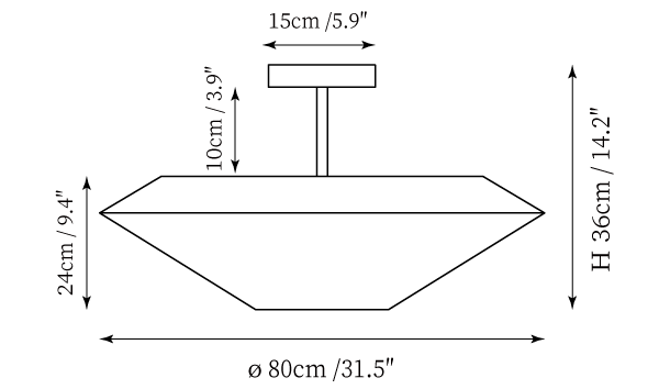 Clérachic ceiling light dimension drawing, 3 of 3, every measurement marked in centimetres and inches.