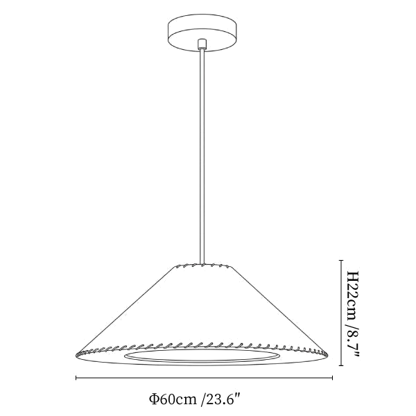 Clérachic pendant light dimension drawing, 2 of 2, every measurement marked in centimetres and inches.