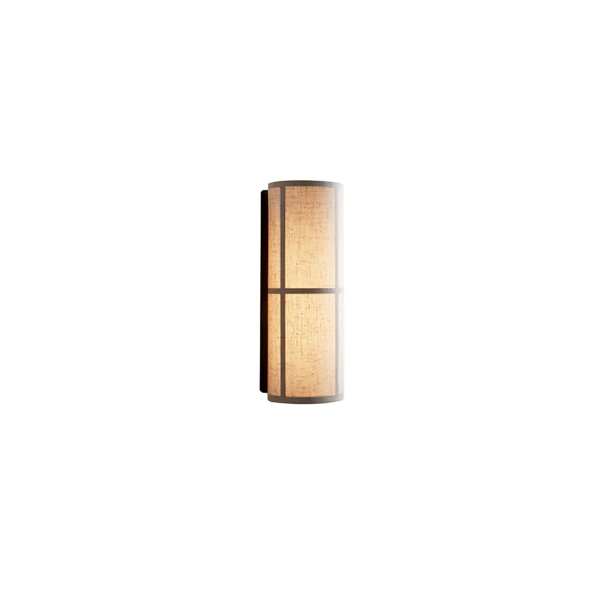 Small Clérachic cylinder wall light on a plain white backdrop, its linen shade glowing in a black frame.