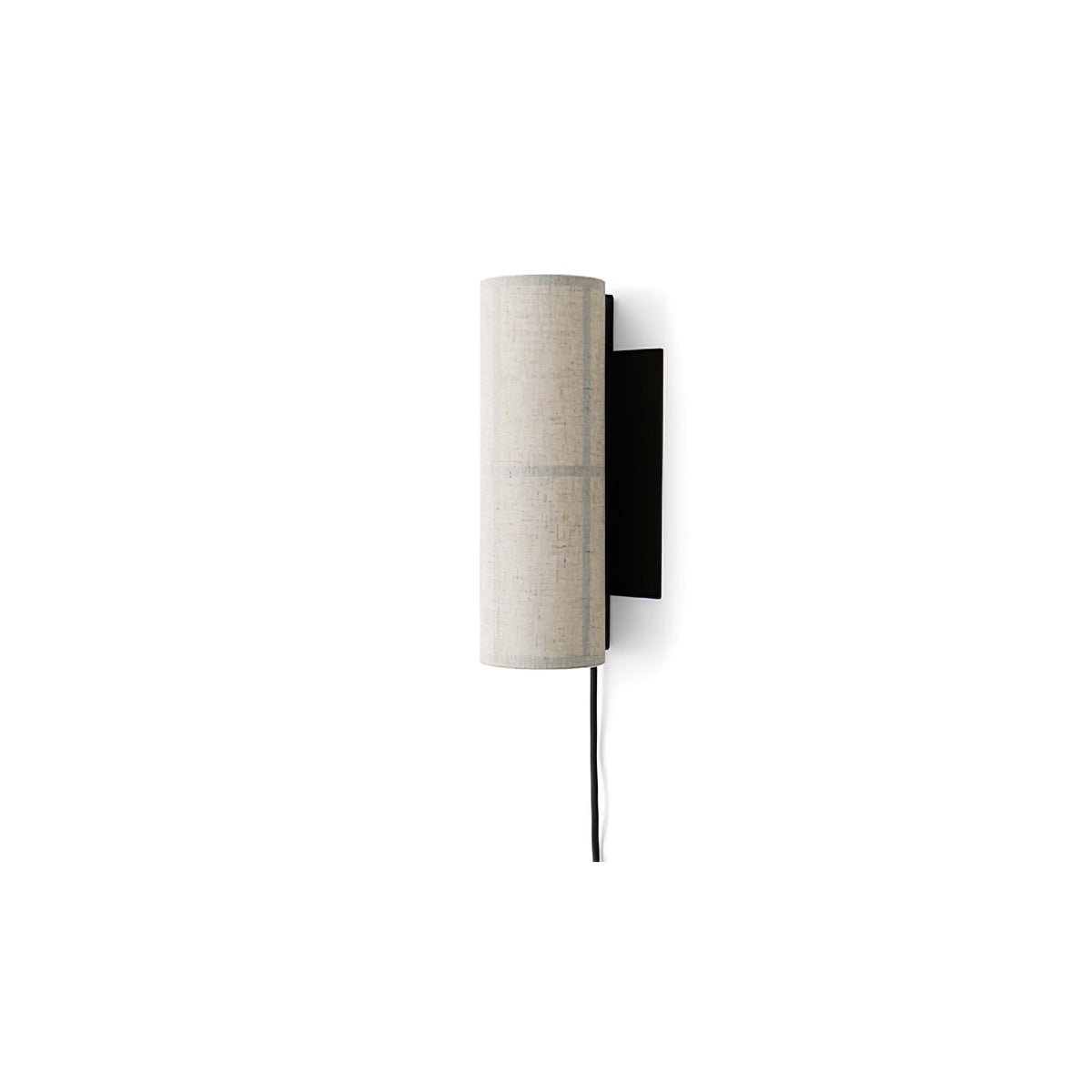 Unlit Clérachic cylinder wall light on a white backdrop, a grey linen shade with a single band and a black cord below.