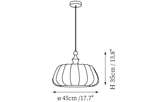 Dimension drawing of this Clérachic pendant, with its 45 cm (17.7″) diameter and 35 cm (13.8″) height marked.