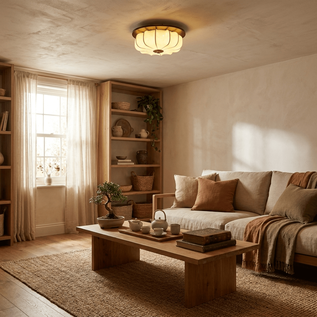 A Clérachic fabric ceiling light glows in a living room with a linen sofa, a low wooden table, shelves and a small bonsai.