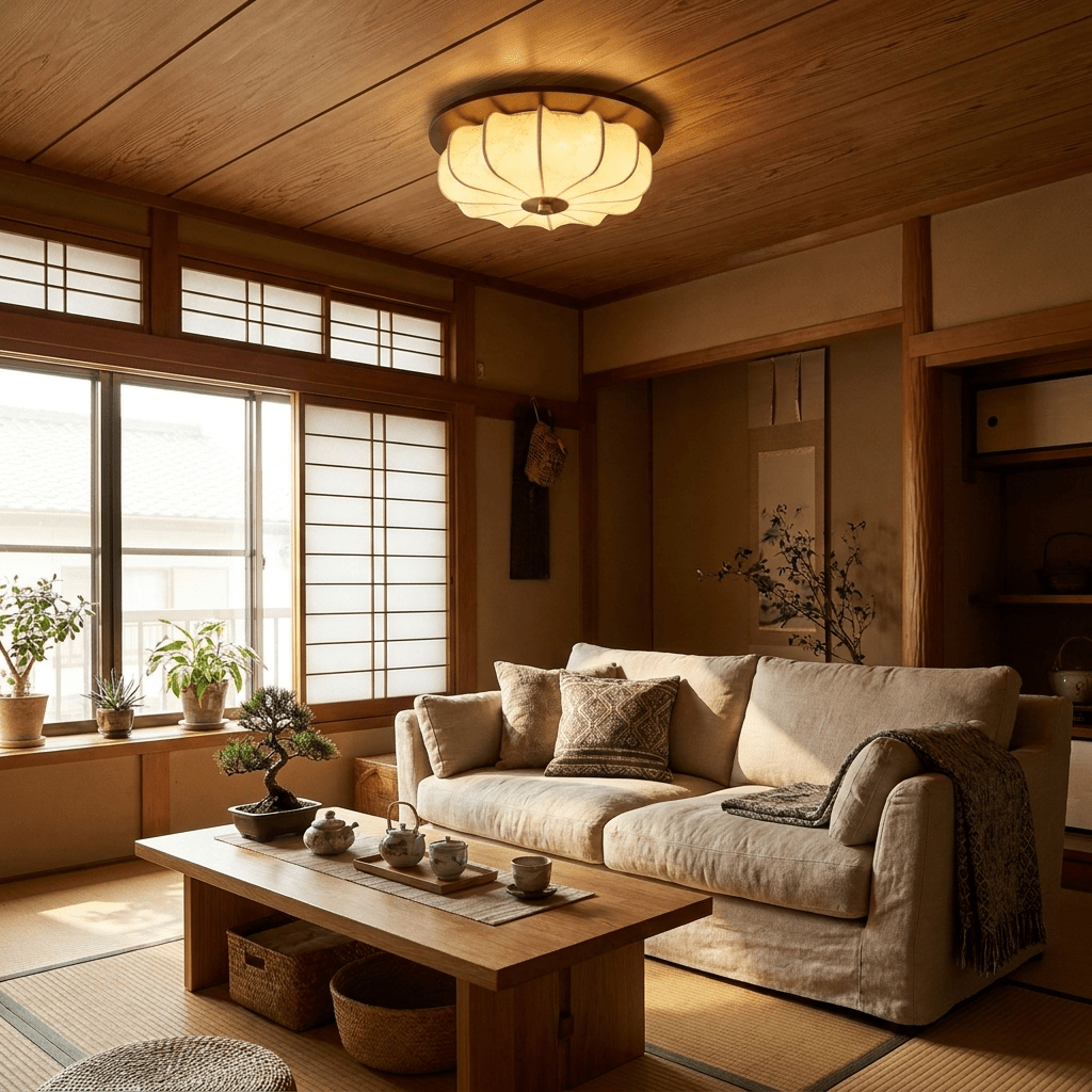 A Clérachic fabric ceiling light glows under a timber-clad ceiling, above a linen sofa and low table, beside sliding paper screens.