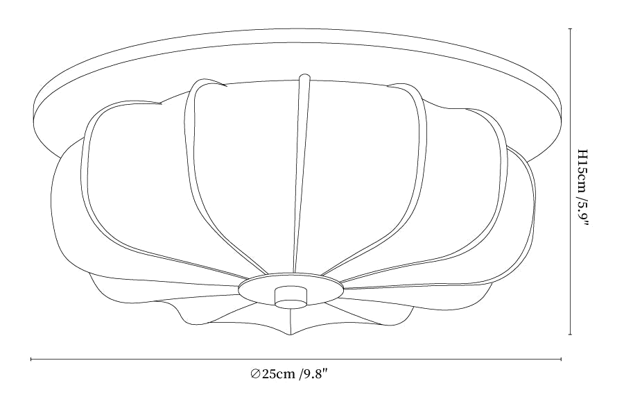 Clérachic ceiling light dimension drawing, every measurement marked in centimetres and inches.
