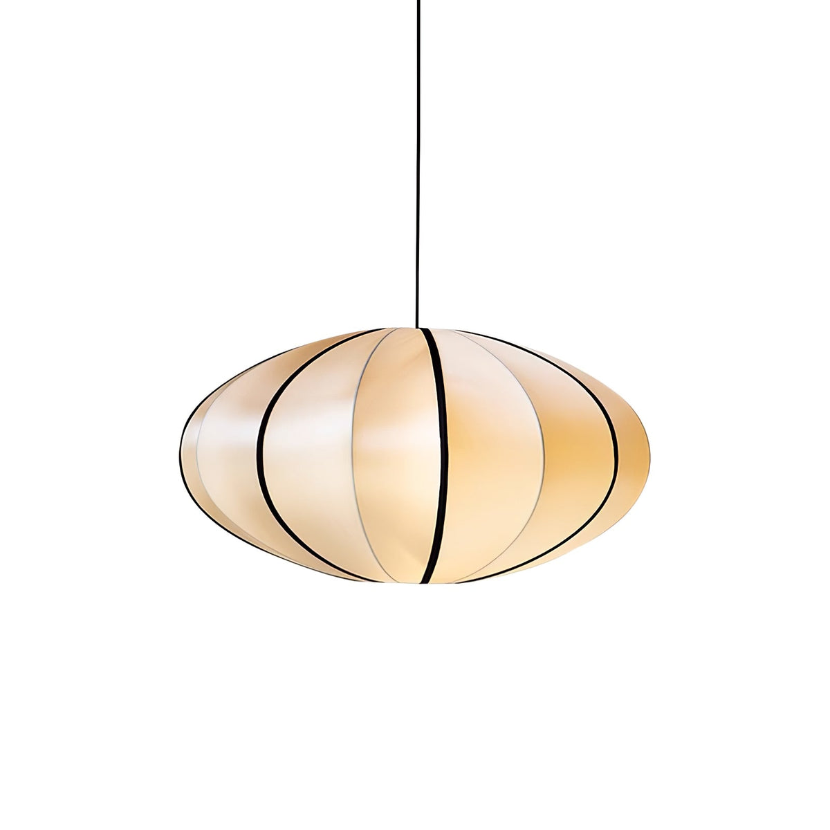 A small rounded fabric pendant with black ribs and a warm glow hangs on a black cord against a white backdrop, from Clérachic.