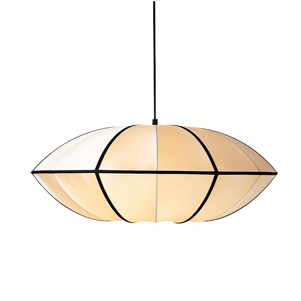 A wide fabric pendant with a pointed black rim and ribs hangs on a black cord against a white backdrop, from Clérachic.