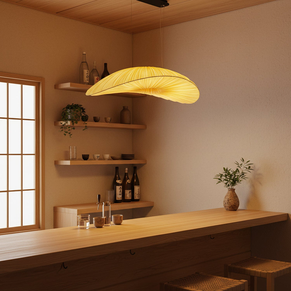 In a warm timber-lined room with paper-screen windows, a Clérachic pendant hangs near shelves of bottles above a wooden counter.
