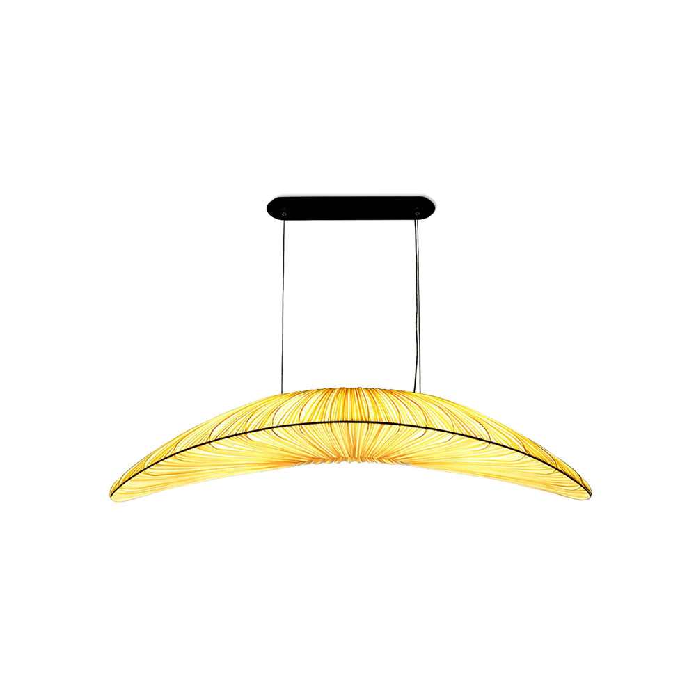 This Clérachic leaf-shaped pendant on a plain white backdrop, with two thin hanging cables from a black oval plate.