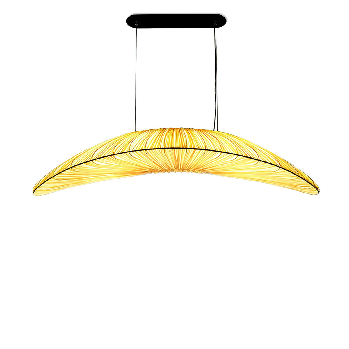 A Clérachic pendant on a plain white backdrop, with a bright yellow leaf-shaped shade and thin cables from an oval plate.