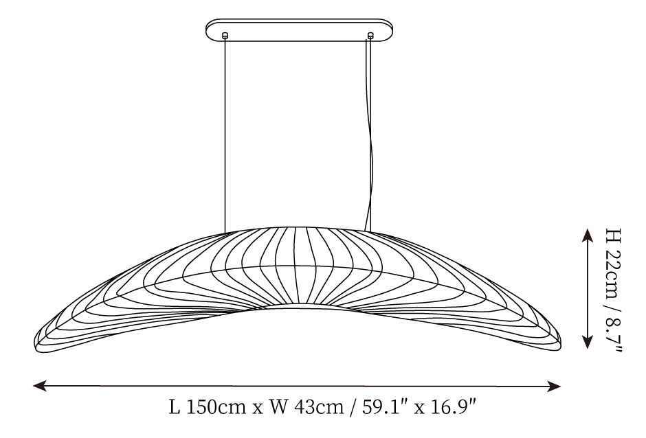 Clérachic pendant light dimension drawing, every measurement marked in centimetres and inches.