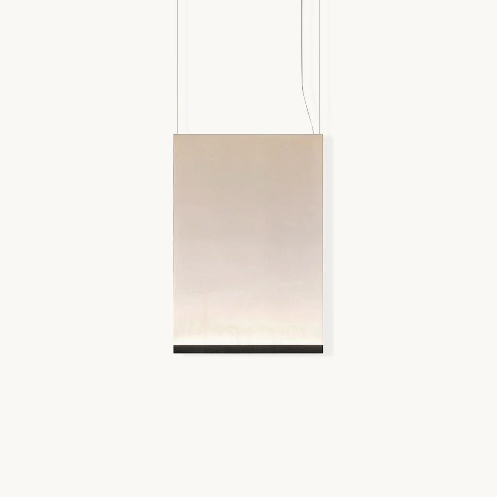 Front view of this Clérachic fabric pendant on a white backdrop, a tall cream panel hung on two thin wires with a black bar along the lower edge.