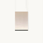 Front view of this Clérachic fabric pendant on a white backdrop, a tall cream panel hung on two thin wires with a black bar along the lower edge.