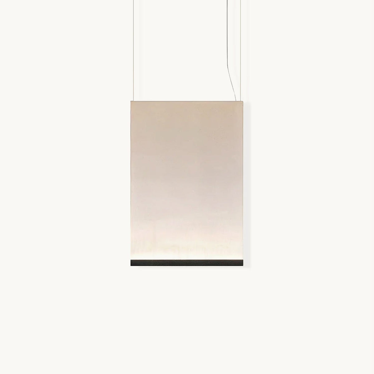 Front view of this Clérachic fabric pendant on a white backdrop, a tall cream panel hung on two thin wires with a black bar along the lower edge.