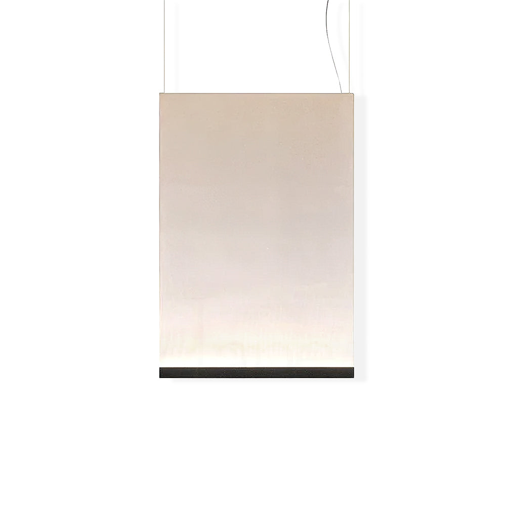 Front view of this Clérachic fabric pendant, a tall cream panel on two fine wires with a thin black bar at the bottom, on white.