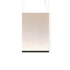 Front view of this Clérachic fabric pendant, a tall cream panel on two fine wires with a thin black bar at the bottom, on white.