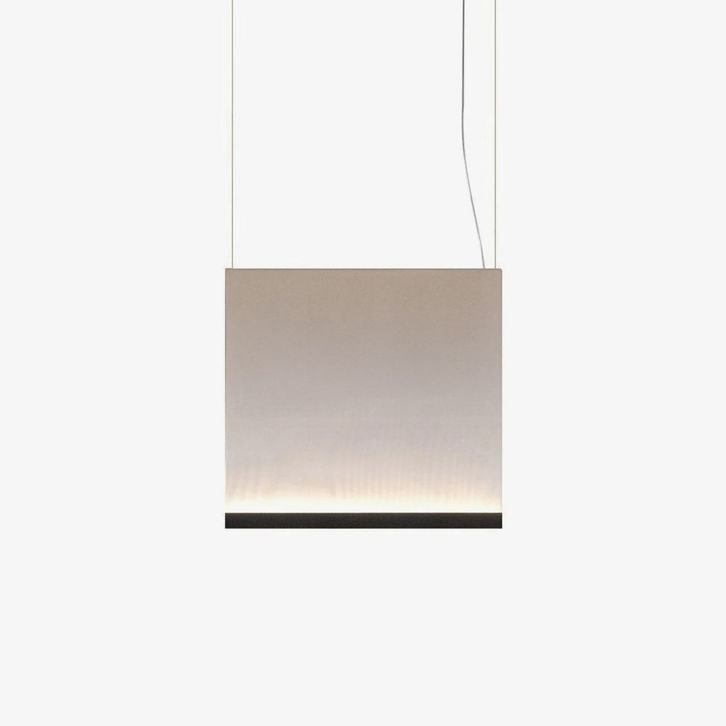 Square-shaped Clérachic fabric pendant in warm taupe, with a black lower bar and a soft line of light, hung on two wires.