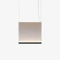Square-shaped Clérachic fabric pendant in warm taupe, with a black lower bar and a soft line of light, hung on two wires.
