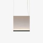 Square-shaped Clérachic fabric pendant in warm taupe, with a black lower bar and a soft line of light, hung on two wires.