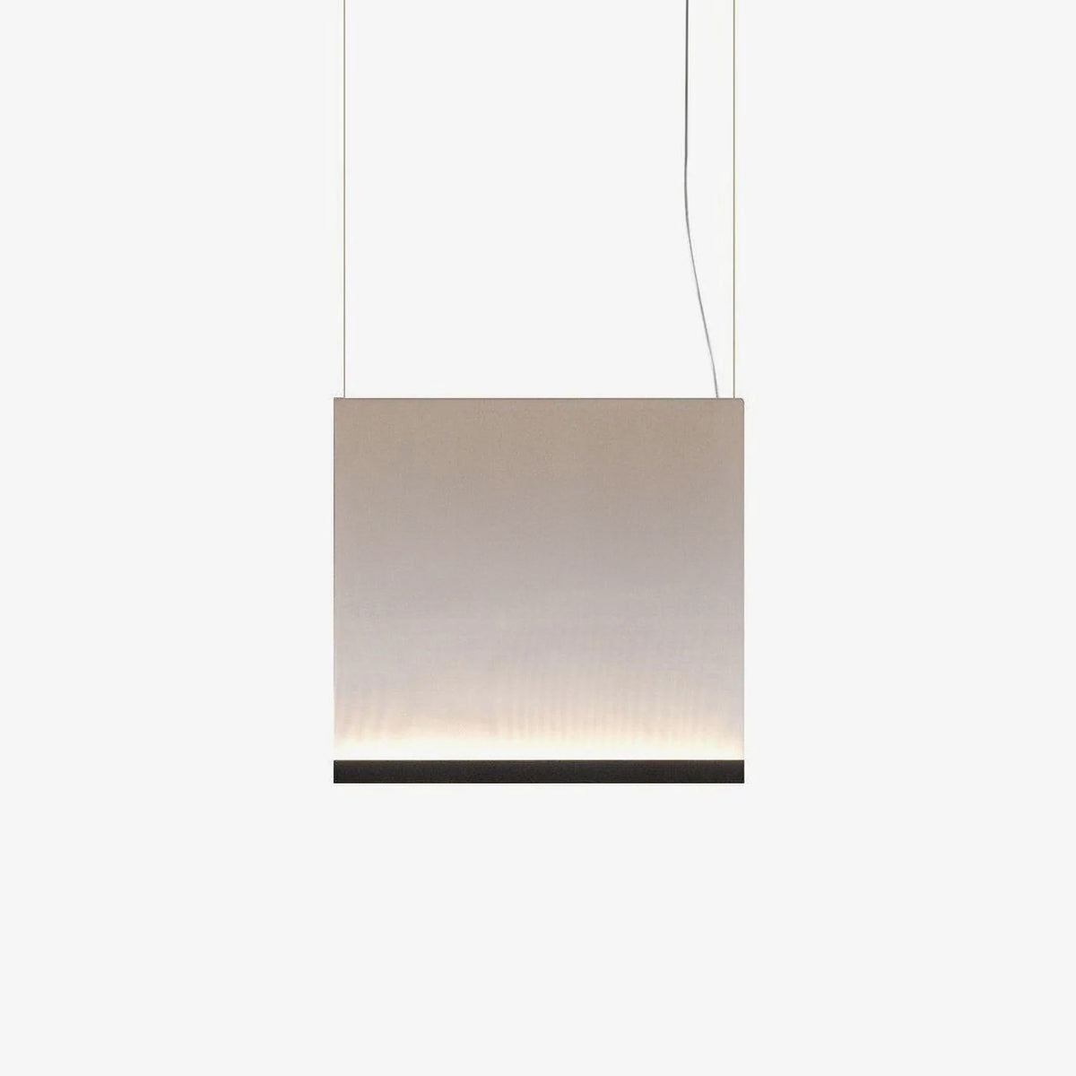 Square-shaped Clérachic fabric pendant in warm taupe, with a black lower bar and a soft line of light, hung on two wires.