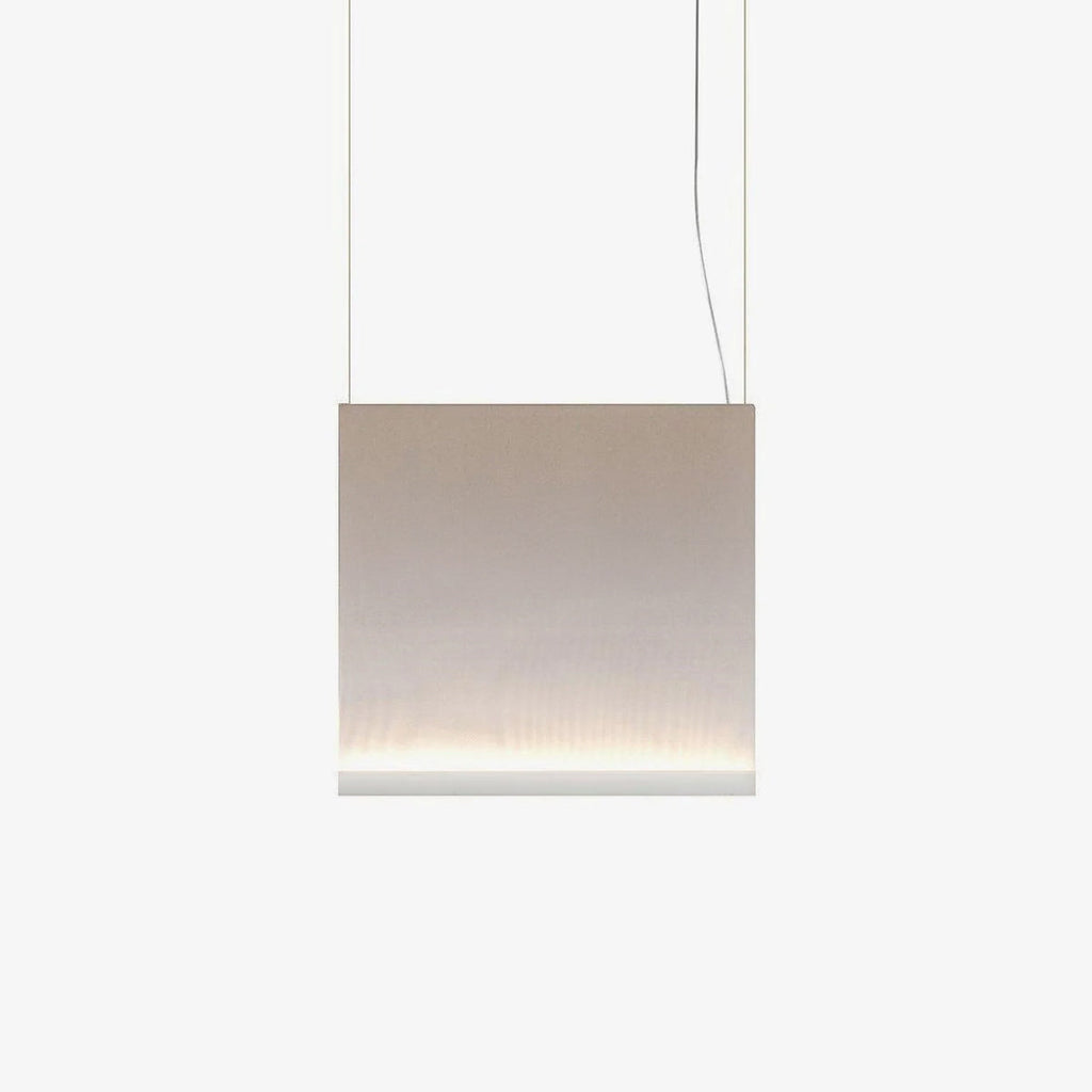 Square-shaped Clérachic fabric pendant in warm taupe, with a white lower bar and a soft line of light, hung on two wires.