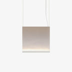 Square-shaped Clérachic fabric pendant in warm taupe, with a white lower bar and a soft line of light, hung on two wires.
