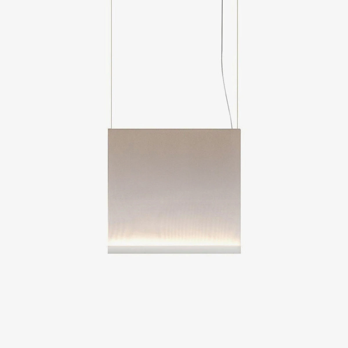 Square-shaped Clérachic fabric pendant in warm taupe, with a white lower bar and a soft line of light, hung on two wires.