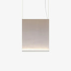 Slightly taller Clérachic fabric pendant in warm taupe, with a white lower bar, hung on two wires against a pale backdrop.