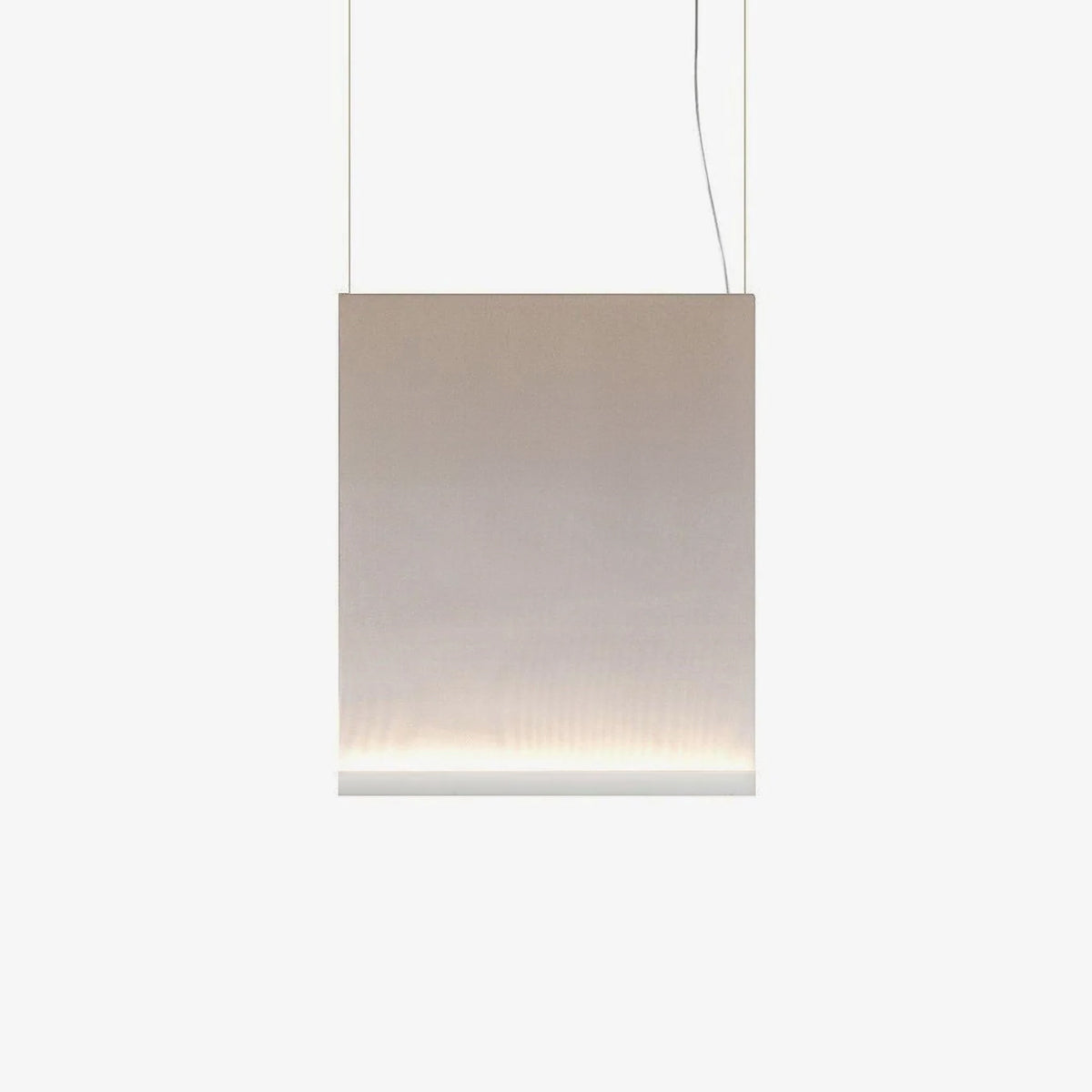 Slightly taller Clérachic fabric pendant in warm taupe, with a white lower bar, hung on two wires against a pale backdrop.