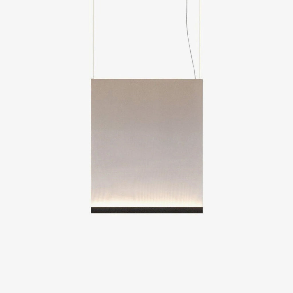 Squarish Clérachic fabric pendant with a black bottom bar, hung on two thin wires, the lit lower edge glowing softly.