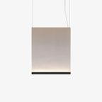 Squarish Clérachic fabric pendant with a black bottom bar, hung on two thin wires, the lit lower edge glowing softly.