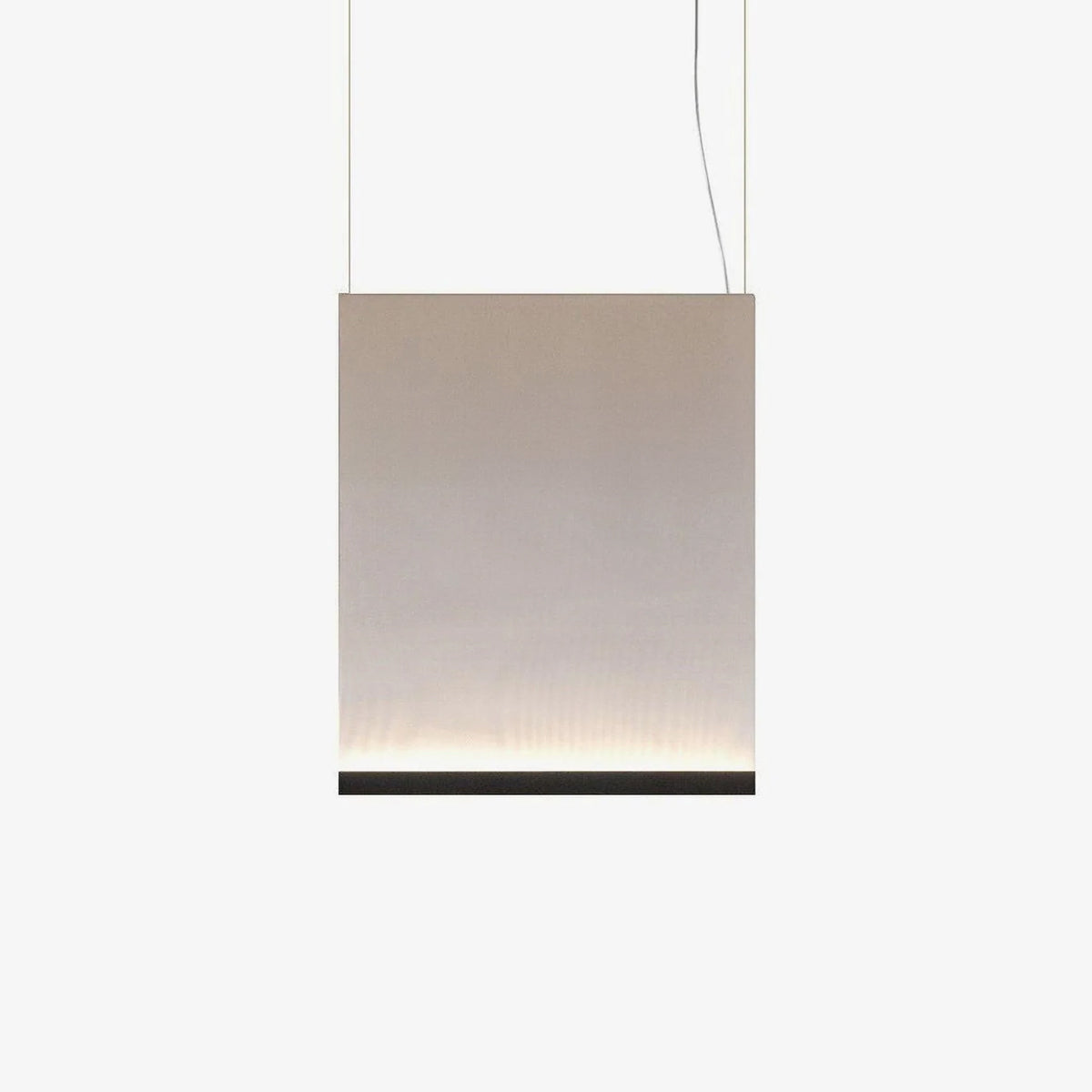 Squarish Clérachic fabric pendant with a black bottom bar, hung on two thin wires, the lit lower edge glowing softly.