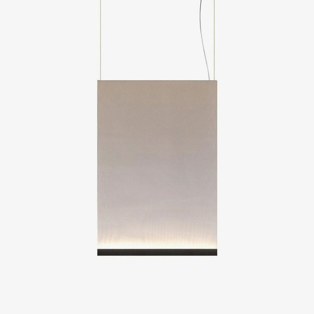 Portrait-shaped Clérachic fabric pendant in a taupe tone, with a black bottom bar and a faint line of light, hung on two wires.