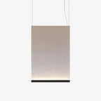 Portrait-shaped Clérachic fabric pendant in a taupe tone, with a black bottom bar and a faint line of light, hung on two wires.