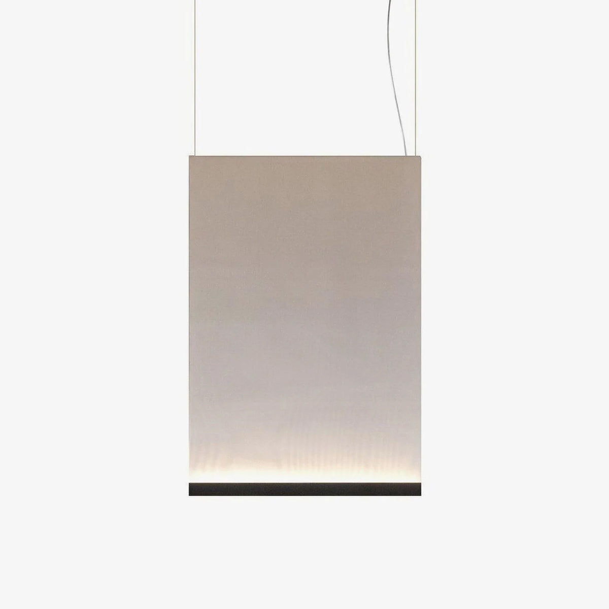 Portrait-shaped Clérachic fabric pendant in a taupe tone, with a black bottom bar and a faint line of light, hung on two wires.