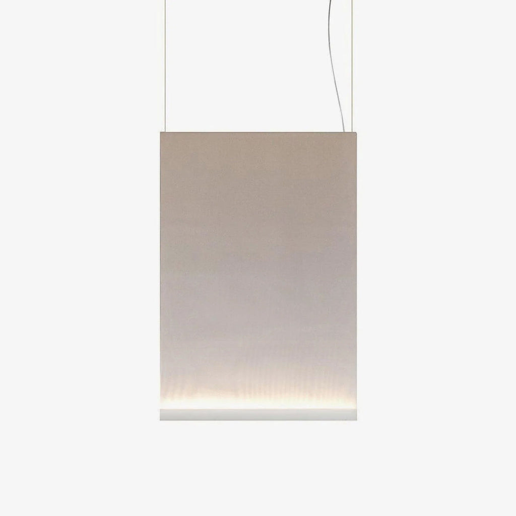 Portrait-shaped Clérachic fabric pendant in a taupe tone, with a white bottom bar and a faint line of light, on two thin wires.