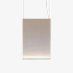 Portrait-shaped Clérachic fabric pendant in a taupe tone, with a white bottom bar and a faint line of light, on two thin wires.