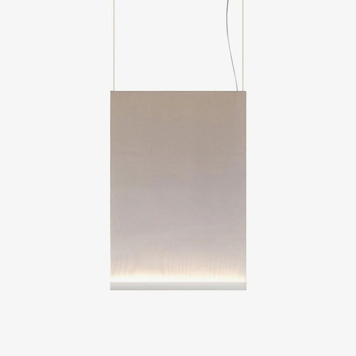 Portrait-shaped Clérachic fabric pendant in a taupe tone, with a white bottom bar and a faint line of light, on two thin wires.