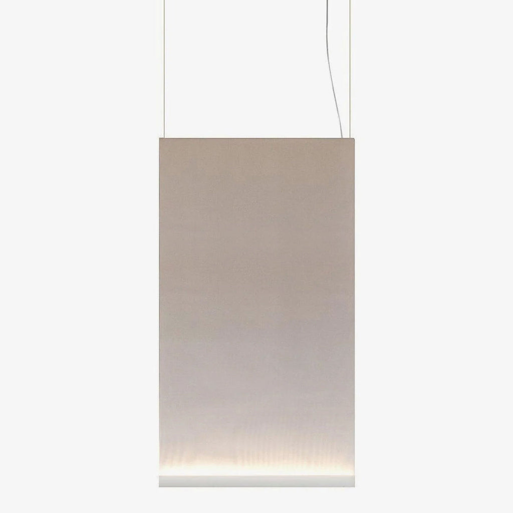 Tall Clérachic fabric pendant with a white bottom bar, hung on two wires, the fabric fading from taupe to cream at the base.