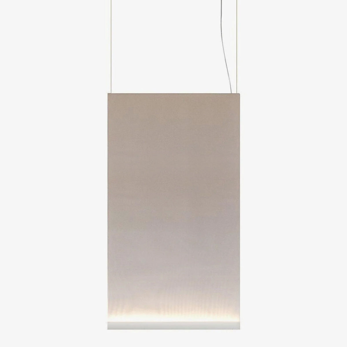 Tall Clérachic fabric pendant with a white bottom bar, hung on two wires, the fabric fading from taupe to cream at the base.