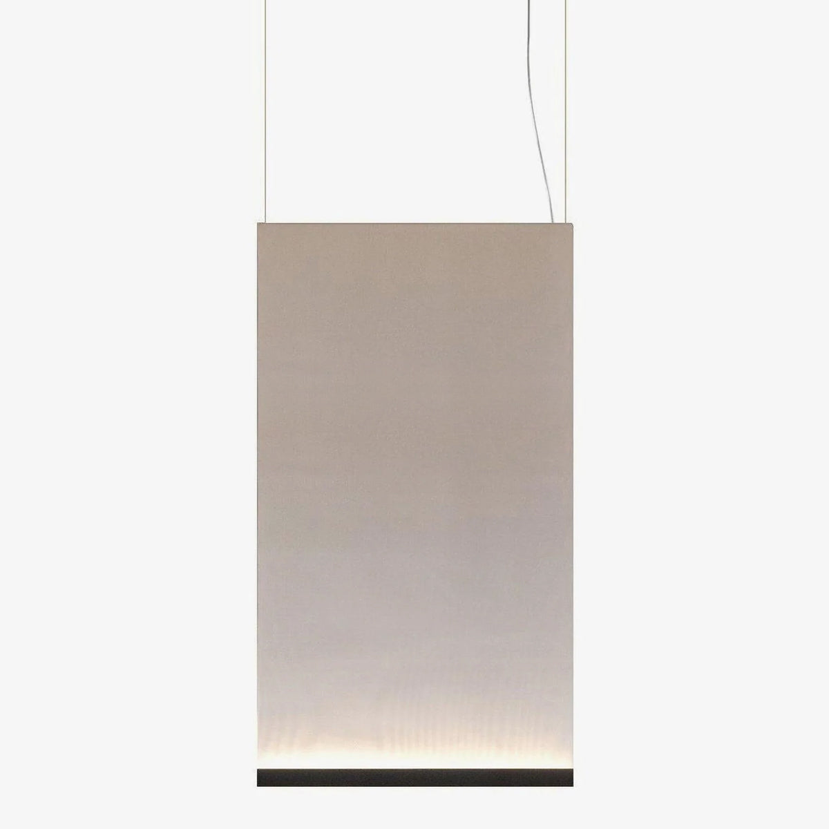 Tall Clérachic fabric pendant with a black bottom bar, hung on two wires, the fabric fading from taupe to cream at the base.